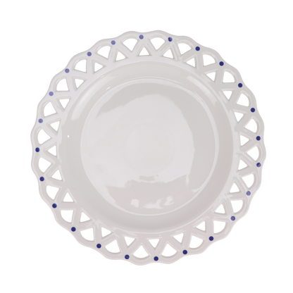 White Pierced Scalloped Charger with Blue Dots