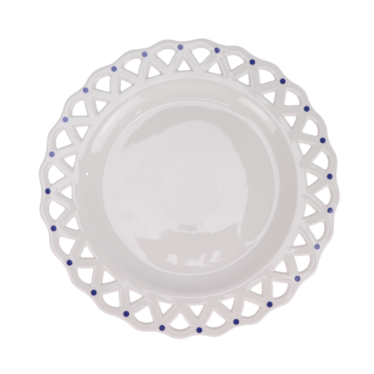 White Pierced Scalloped Charger with Blue Dots