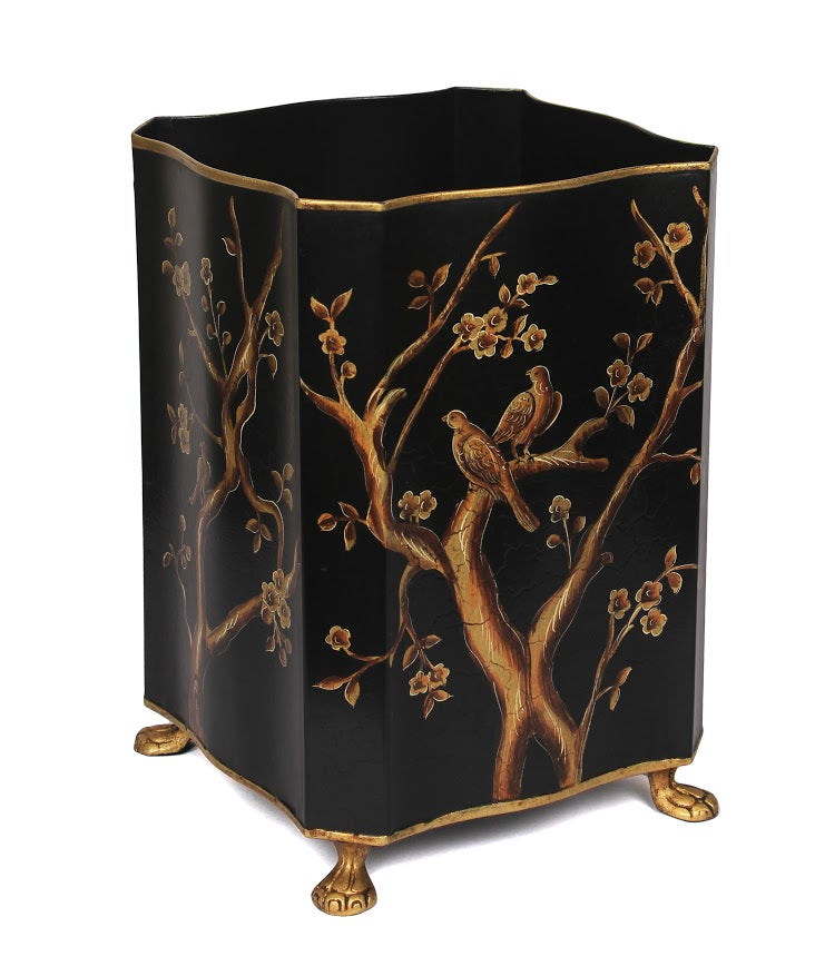 BLACK & GOLD SQUARE FOOTED WASTEPAPER BASKET